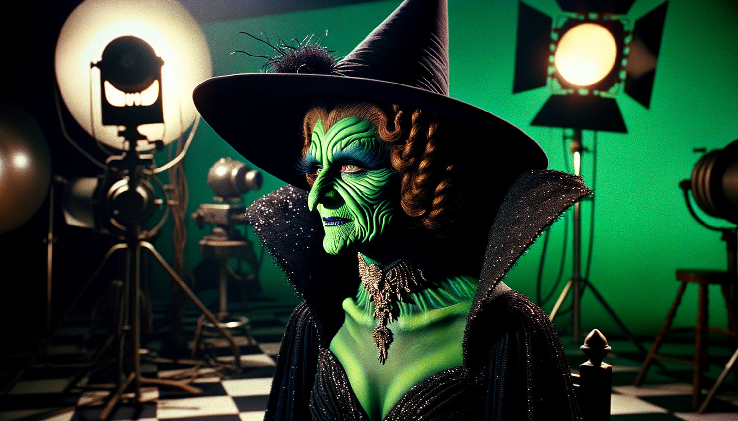 Sorcière avec maquillage vert iconique inspiré du Magicien d'Oz 1939, esthétique Hollywood Technicolor classique