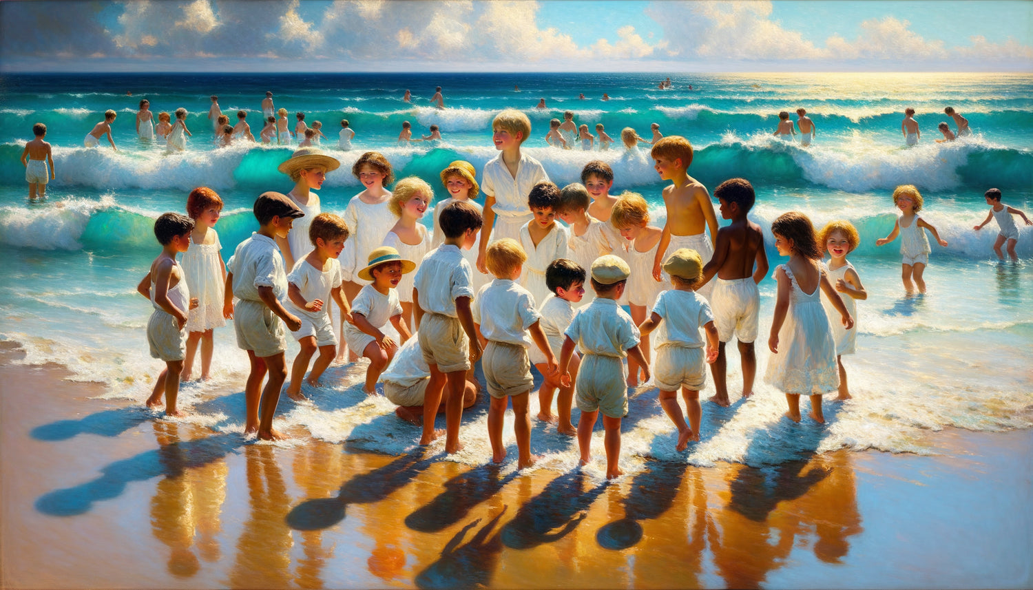 Peinture luministe de Joaquín Sorolla montrant enfants sur plage méditerranéenne baignés de lumière naturelle apaisante