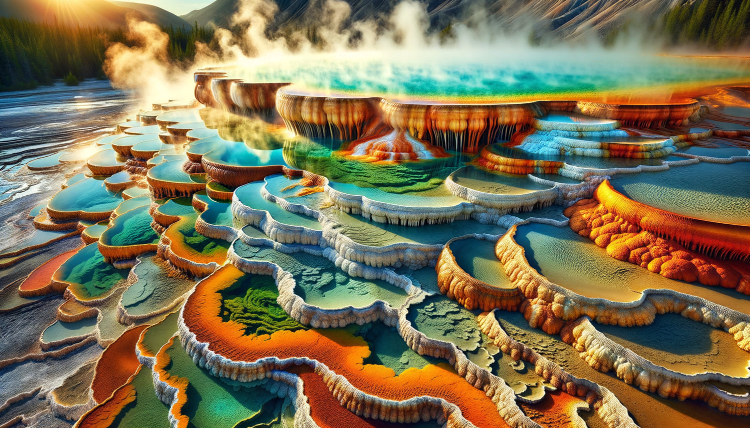 Source thermale géothermique aux couleurs minérales éclatantes avec vapeurs s'élevant des eaux turquoise