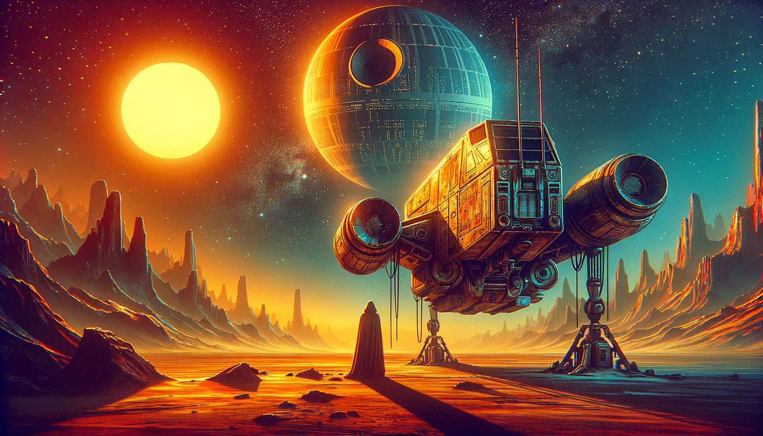 Illustration Space Art vintage années 70 style Ralph McQuarrie, planète désertique et vaisseau spatial usé, esthétique rétro-futuriste Star Wars