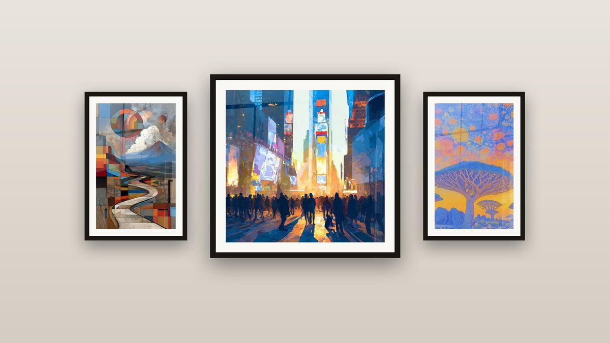 Gallery wall with three framed paintings: Times Square Urban, Geometric Volcanic Path and Tropical Tree and Elephants