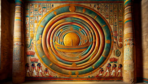Fresque murale égyptienne antique de la vallée du Nil avec motifs de spirales symbolisant le cycle de vie et le parcours solaire