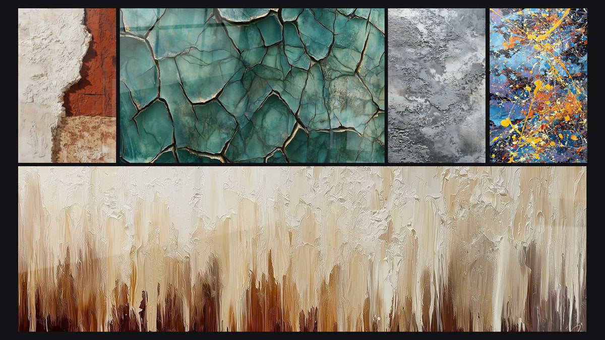 Mosaic of five paintings, including Fractured Earth and Colorful explosion