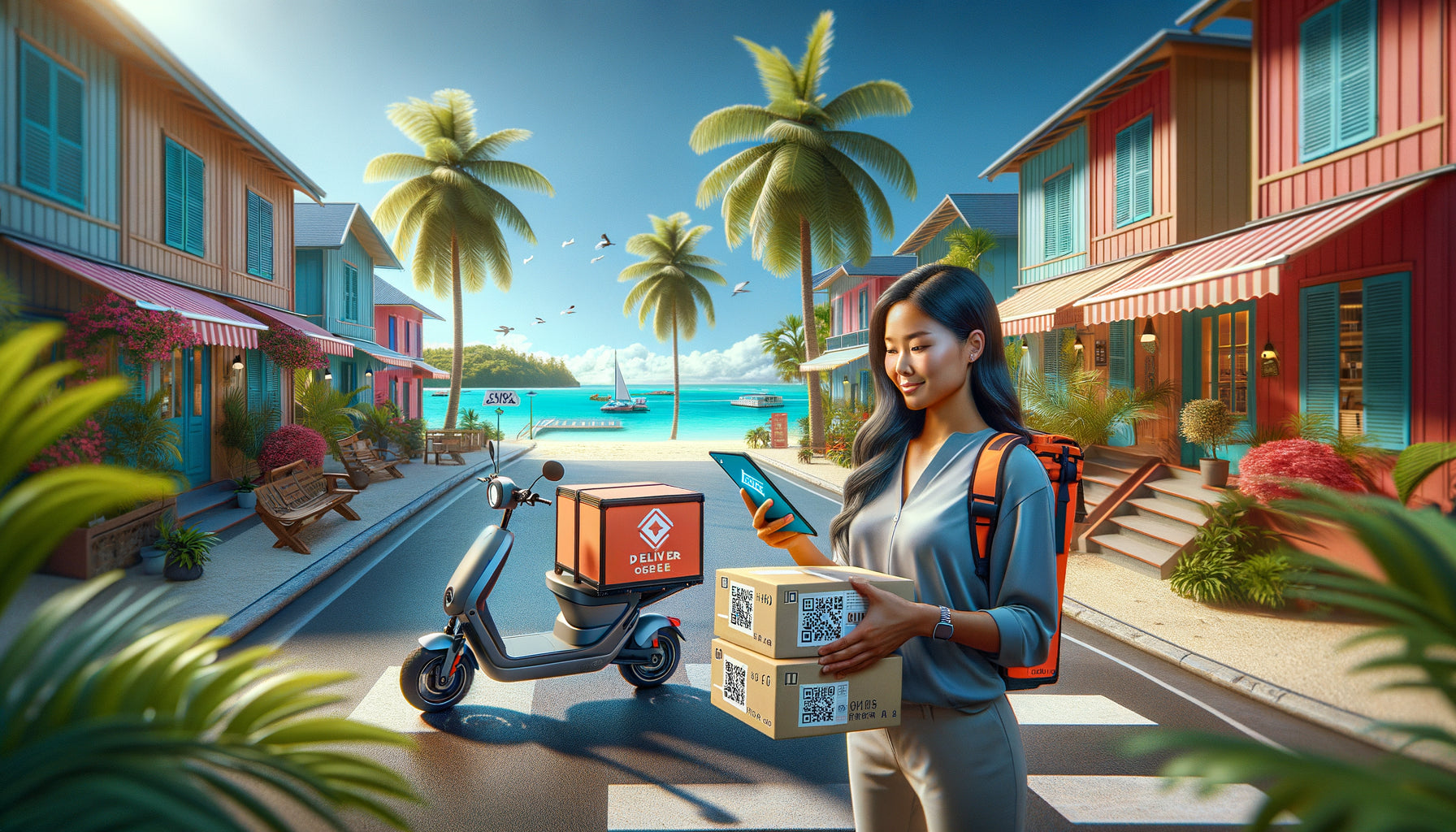 Livreur entrepreneur local dans un territoire ultramarin français avec scooter électrique et application de traçabilité, décor tropical insulaire contemporain