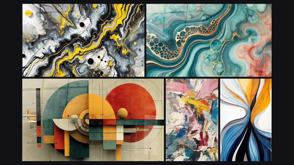 Mosaic of five paintings, including Black Impact, Geometric Circular Revolution and Watercolor Tide