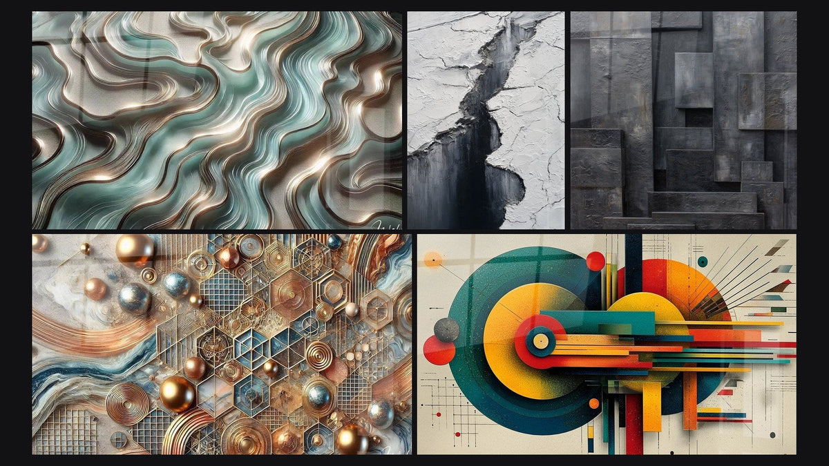 Mosaic of five paintings, including Ethereal Curves, Copper Mosaic and Glacier Crevasse Wall Art Grey and Black