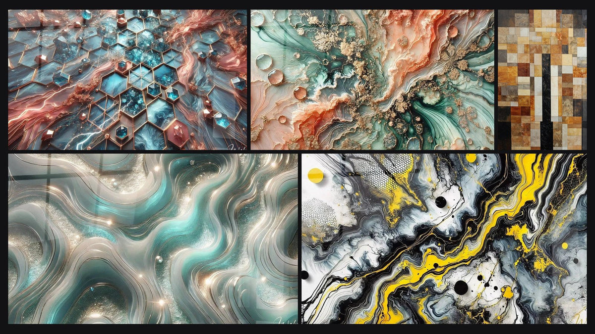 Mosaico de cinco cuadros, entre ellos Redes de Resplandor, Sueño Coralino y Ondas Centelleantes