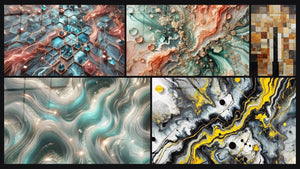 Mosaico de cinco cuadros, entre ellos Redes de Resplandor, Sueño Coralino y Ondas Centelleantes