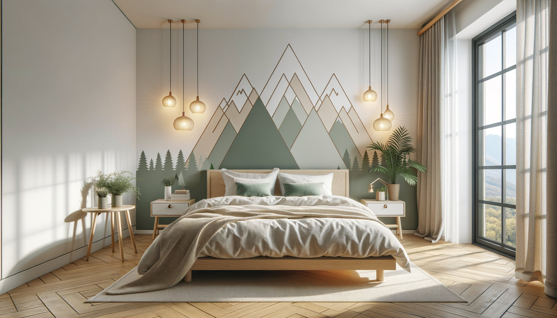 Chambre de location Airbnb moderne avec stickers muraux décoratifs géométriques, design scandinave accueillant et photographiable