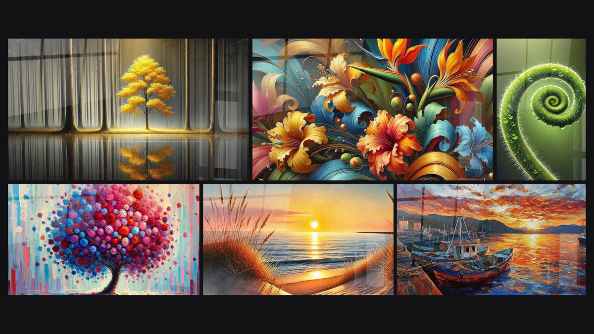 Mosaïque de six tableaux, dont Tranquillité Éternelle, Arbre de Joie et Rhapsodie Botanique