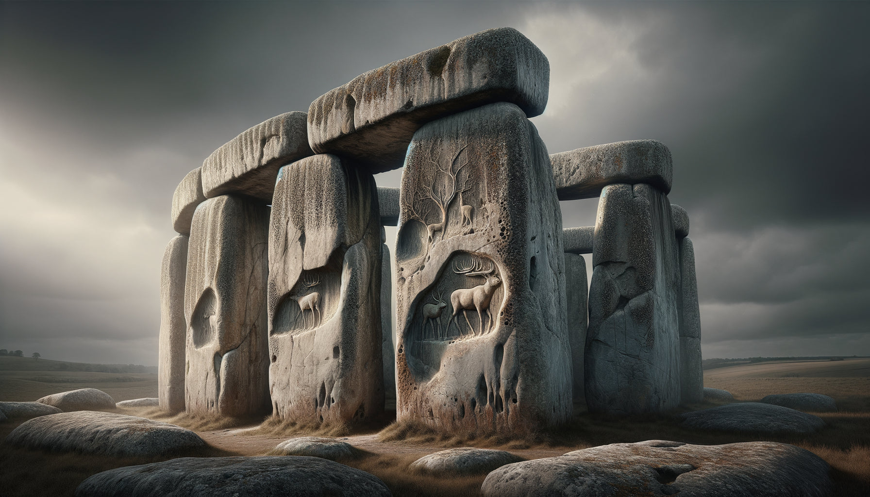 Gros plan sur mégalithe de Stonehenge avec gravures animales préhistoriques partiellement effacées, période néolithique, style documentation archéologique