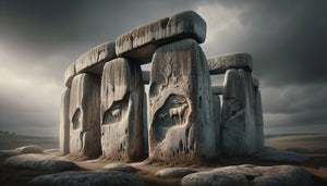 Gros plan sur mégalithe de Stonehenge avec gravures animales préhistoriques partiellement effacées, période néolithique, style documentation archéologique