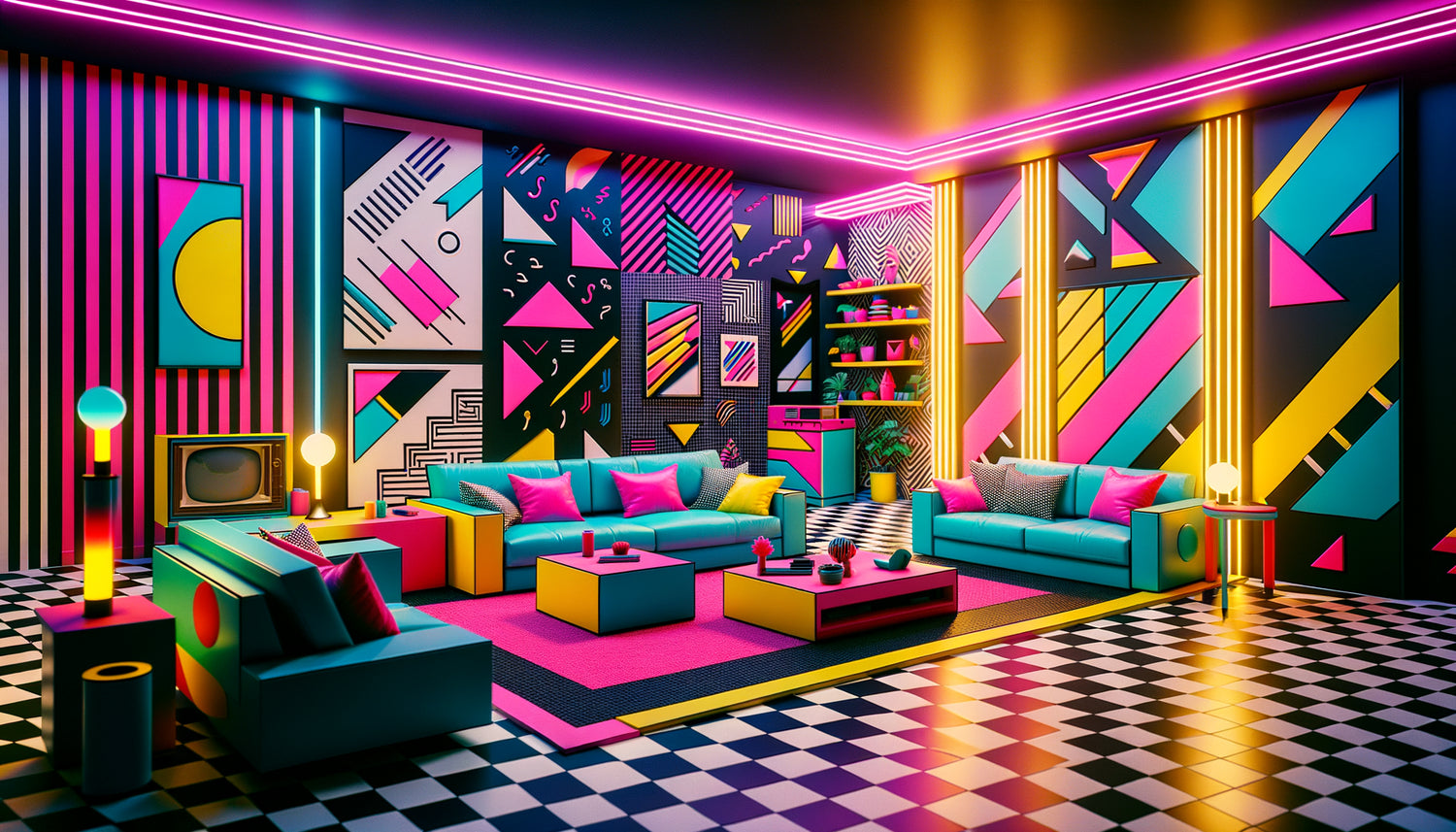 Intérieur authentique années 80 style Memphis avec formes géométriques audacieuses, néons colorés et palette électrique rose-cyan