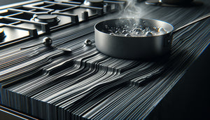 Plan de travail en stratifié HPL haute température résistant à la chaleur d'une casserole brûlante en cuisine professionnelle