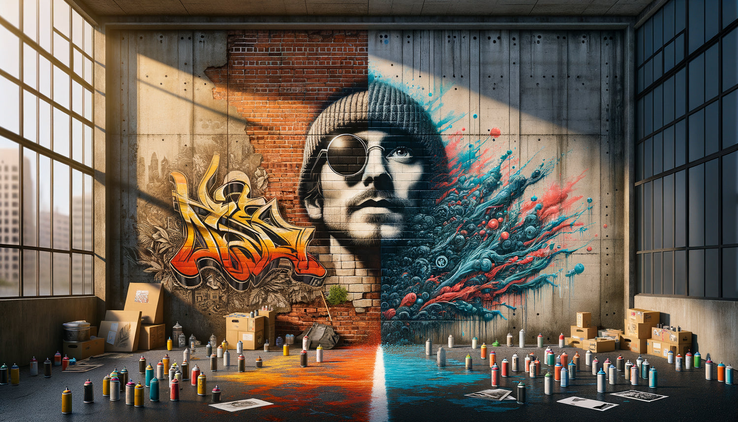 Composition murale street art contemporain illustrant la dualité entre artistes cotés établis et nouveaux talents émergents