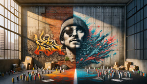 Composition murale street art contemporain illustrant la dualité entre artistes cotés établis et nouveaux talents émergents