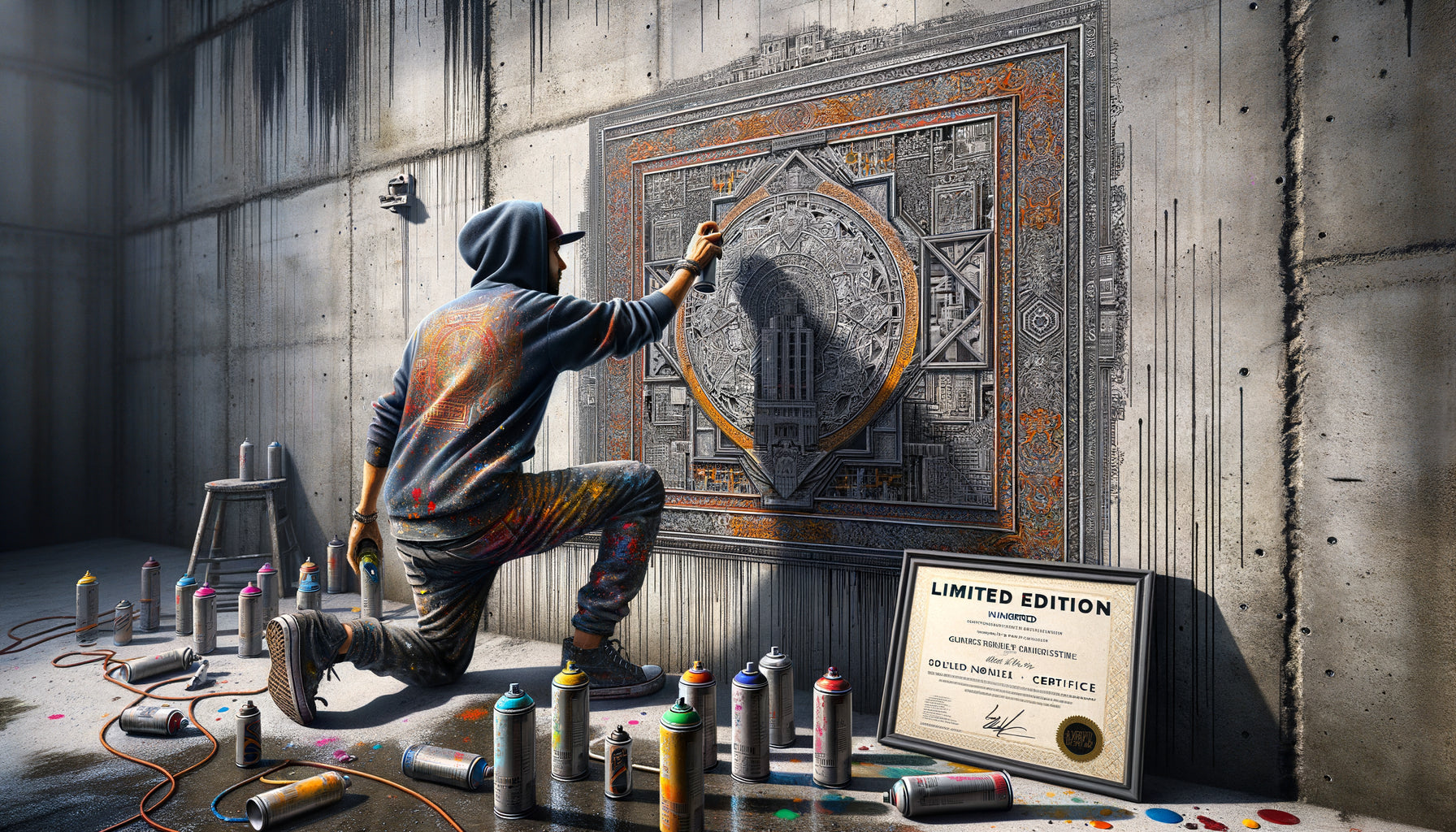 Artiste street art contemporain créant une œuvre murale authentique avec matériaux professionnels et technique de pochoir détaillée