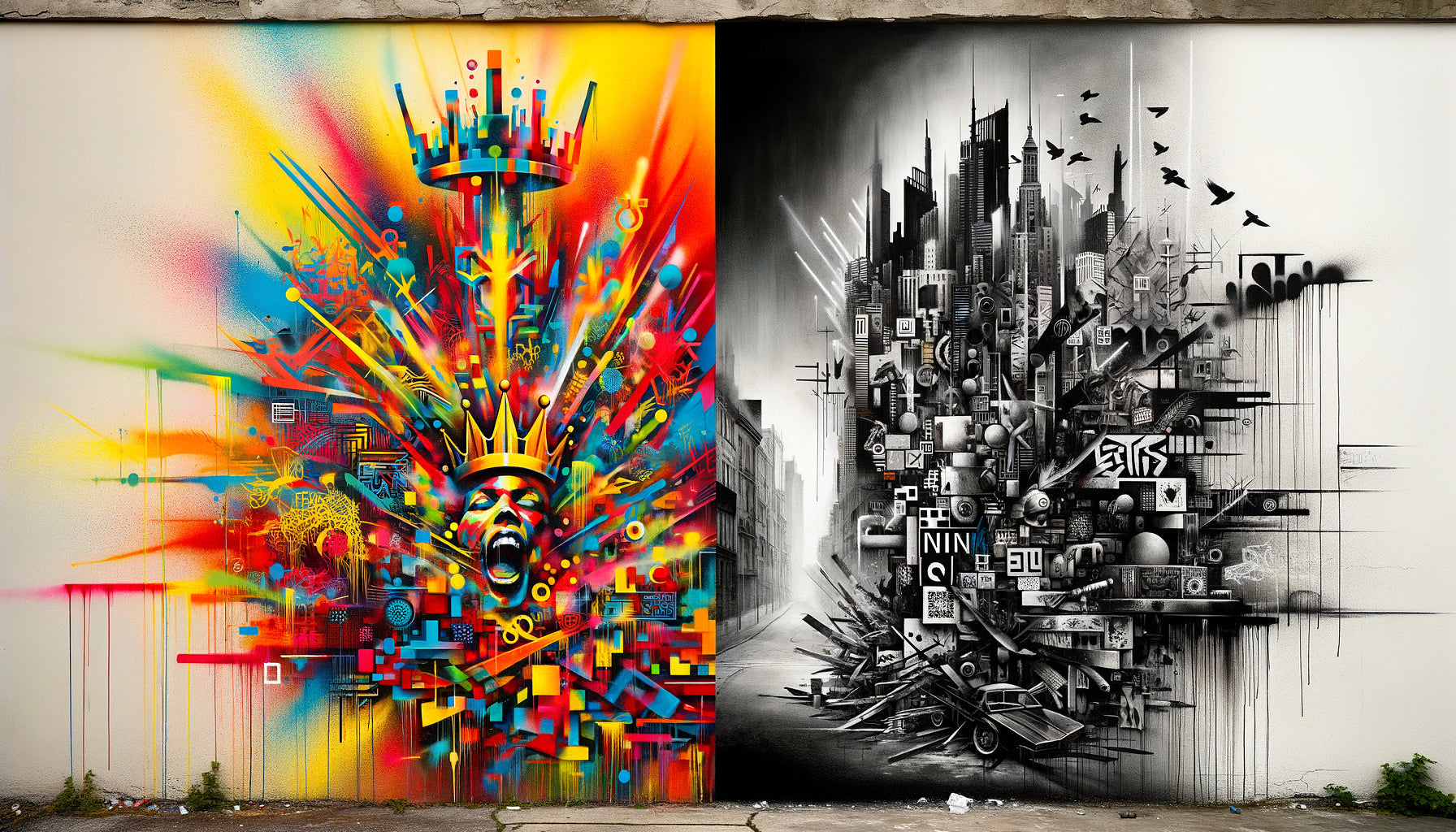 Comparaison street art : œuvre colorée style Basquiat versus pochoir monochrome style Banksy sur mur urbain
