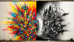 Comparaison street art : œuvre colorée style Basquiat versus pochoir monochrome style Banksy sur mur urbain