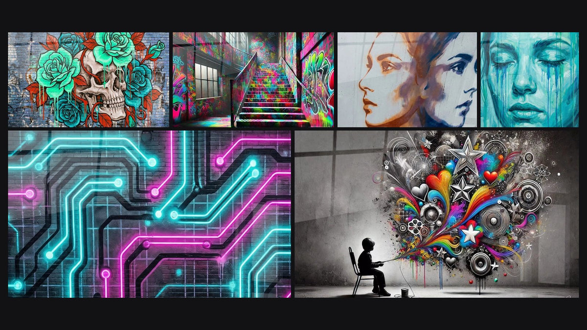 Mosaico de seis cuadros, entre ellos Arte callejero N°5, El Espíritu Urbano y Rostros espejo tonos naranja y azul