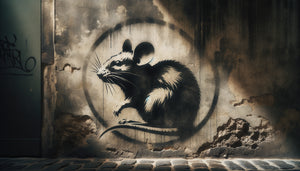 Œuvre street art français au pochoir style Blek le Rat sur mur urbain patiné, technique authentique art urbain contemporain