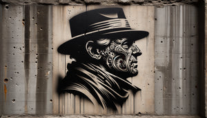 Œuvre street art au pochoir style Banksy sur mur béton, technique spray paint détaillée, esthétique urbaine contemporaine