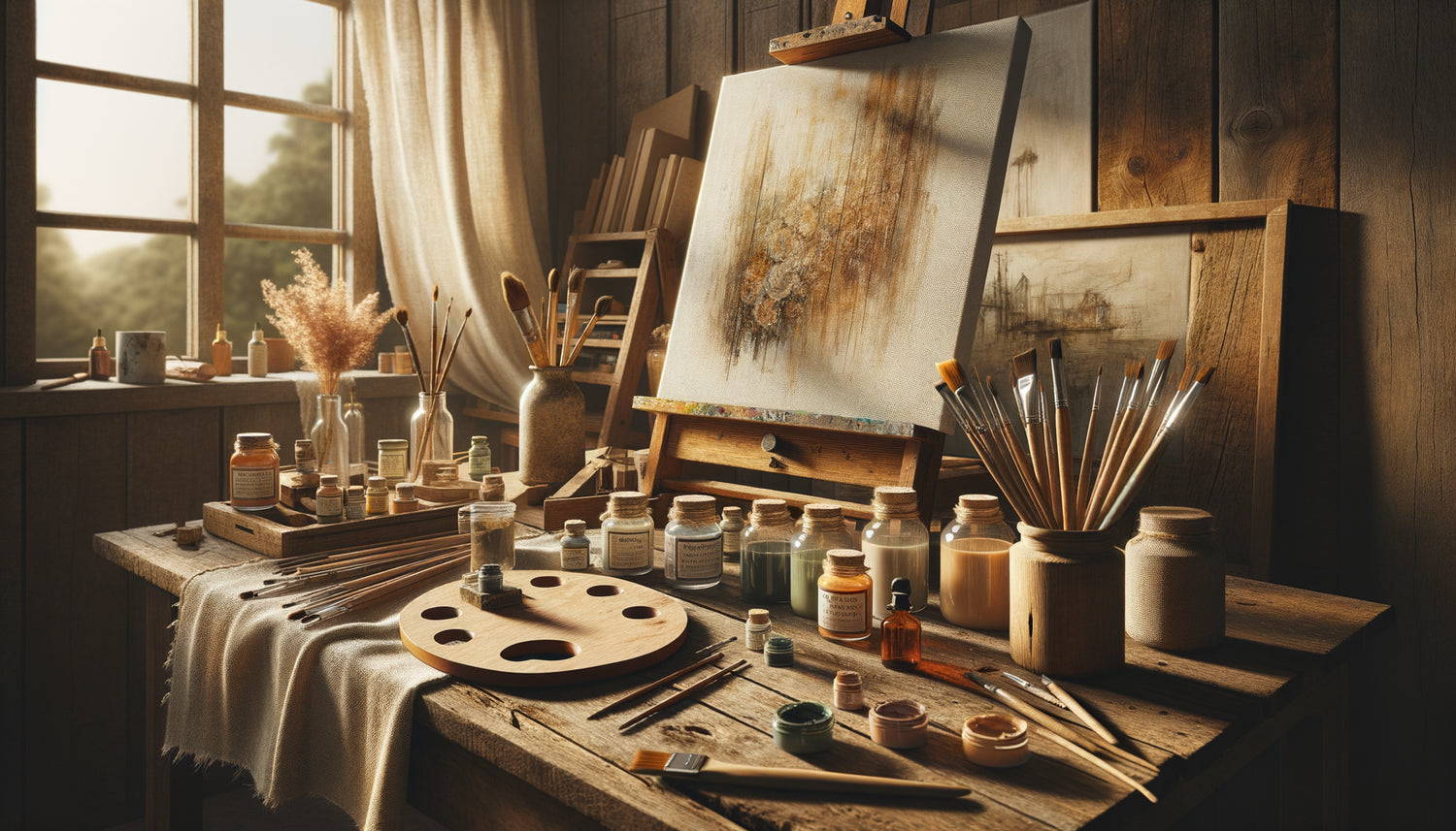 Atelier d'artiste écologique avec tableau en cours sur bois recyclé, pigments naturels et matériaux durables