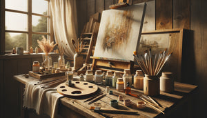 Atelier d'artiste écologique avec tableau en cours sur bois recyclé, pigments naturels et matériaux durables