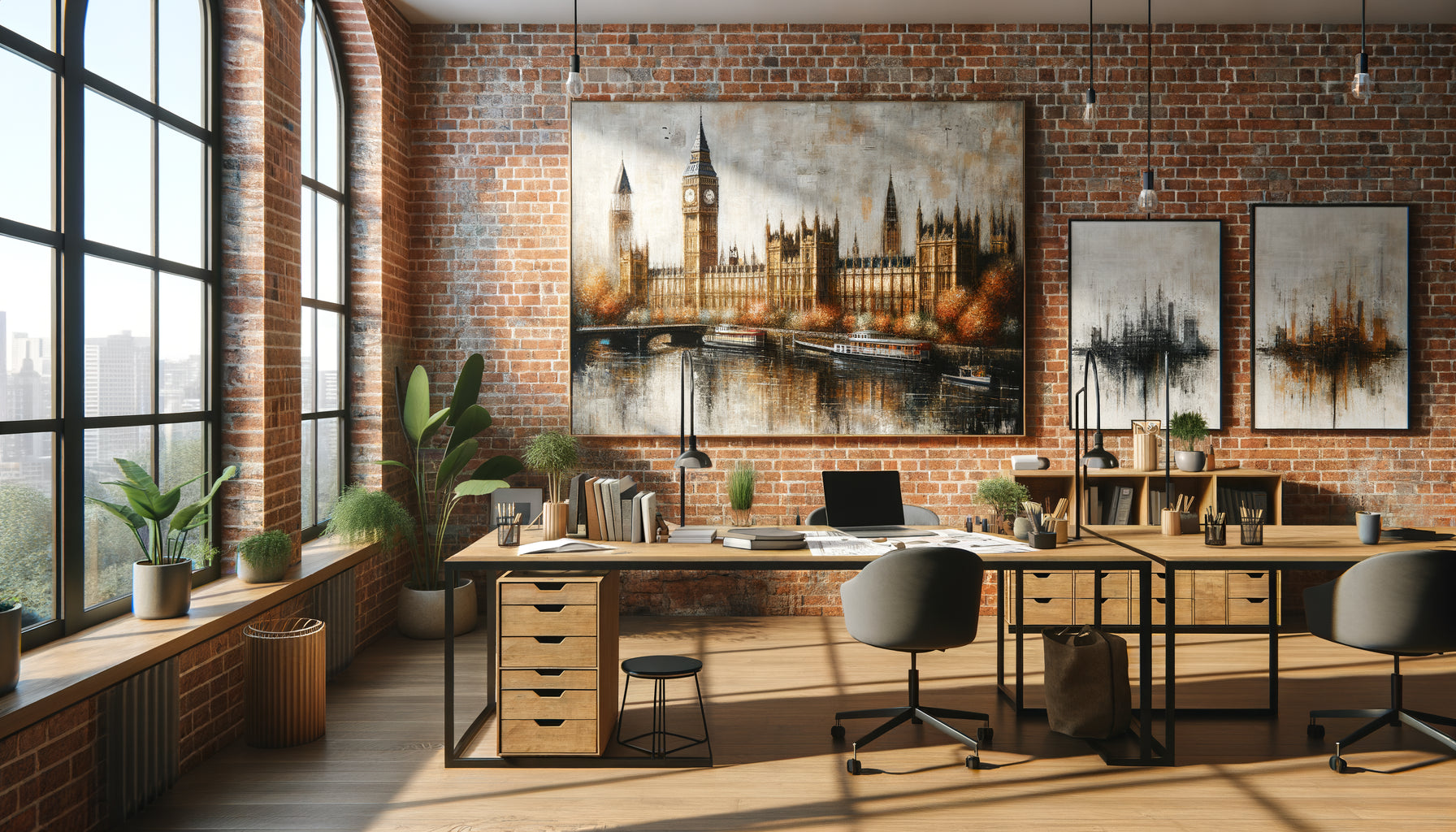 Studio contemporain avec œuvre originale d'artiste local sur mur de briques, espace de travail authentique et chaleureux
