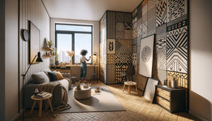 Artiste créant une œuvre murale personnalisée sur mesure dans un petit studio contemporain de 28m²