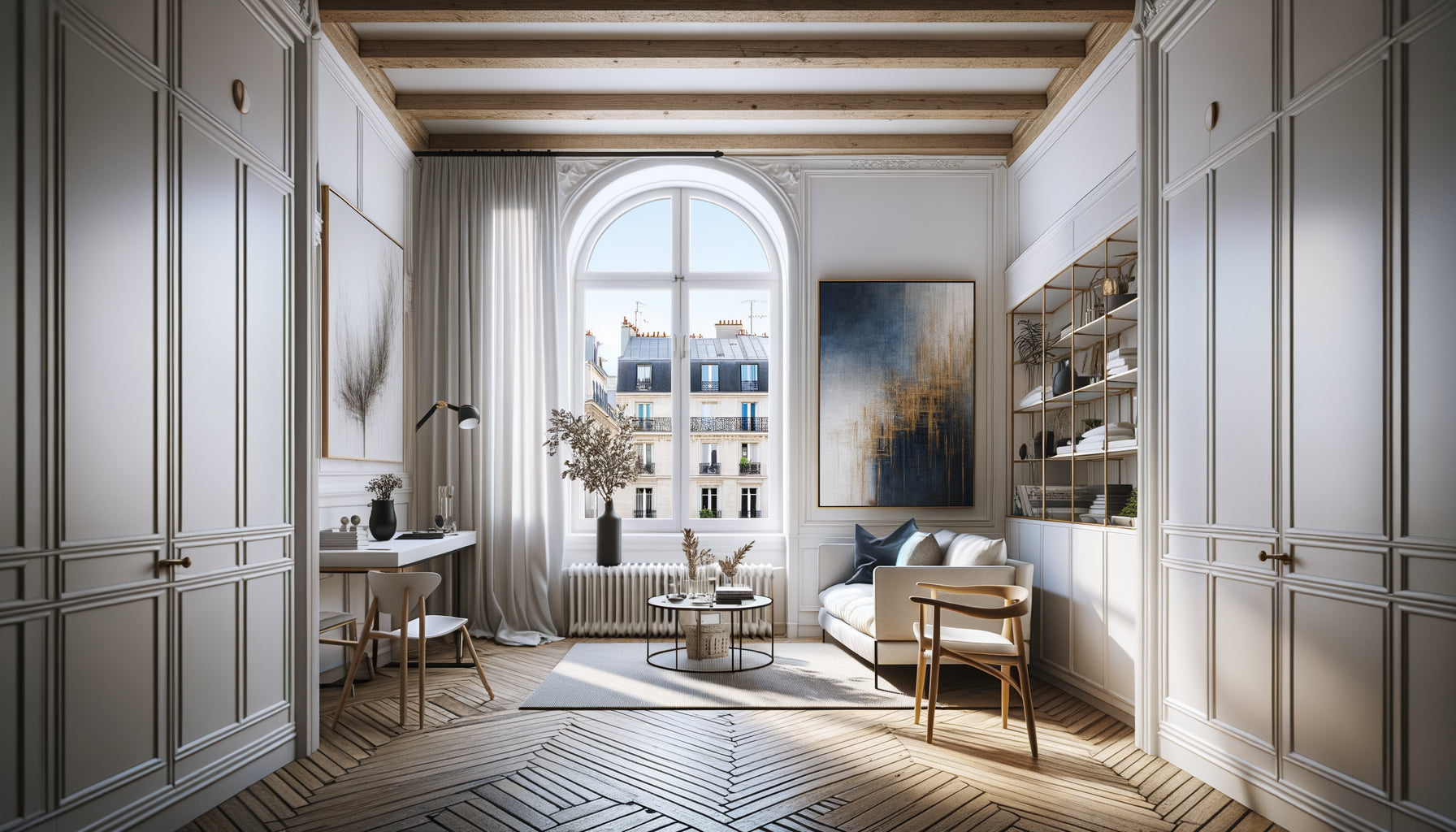 Studio parisien 18m² avec tableau contemporain unique créant l'illusion d'espace, design minimaliste et lumineux