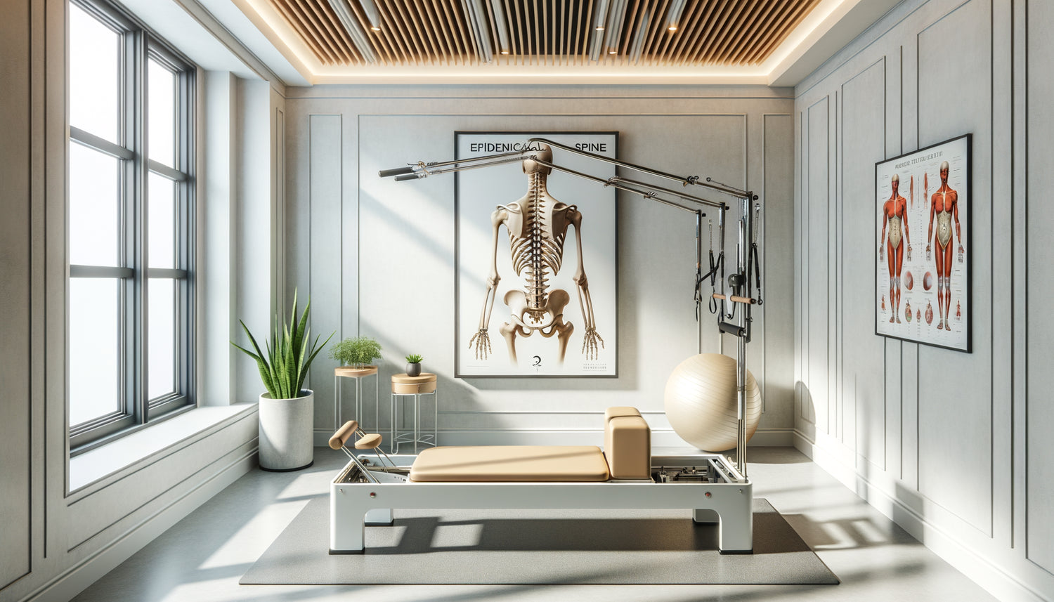 Studio de Pilates clinique minimaliste aux murs blancs sans symboles spirituels, équipement médical professionnel, ambiance thérapeutique sobre