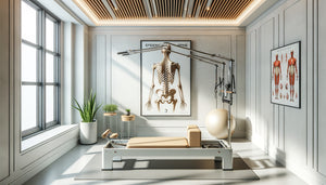 Studio de Pilates clinique minimaliste aux murs blancs sans symboles spirituels, équipement médical professionnel, ambiance thérapeutique sobre