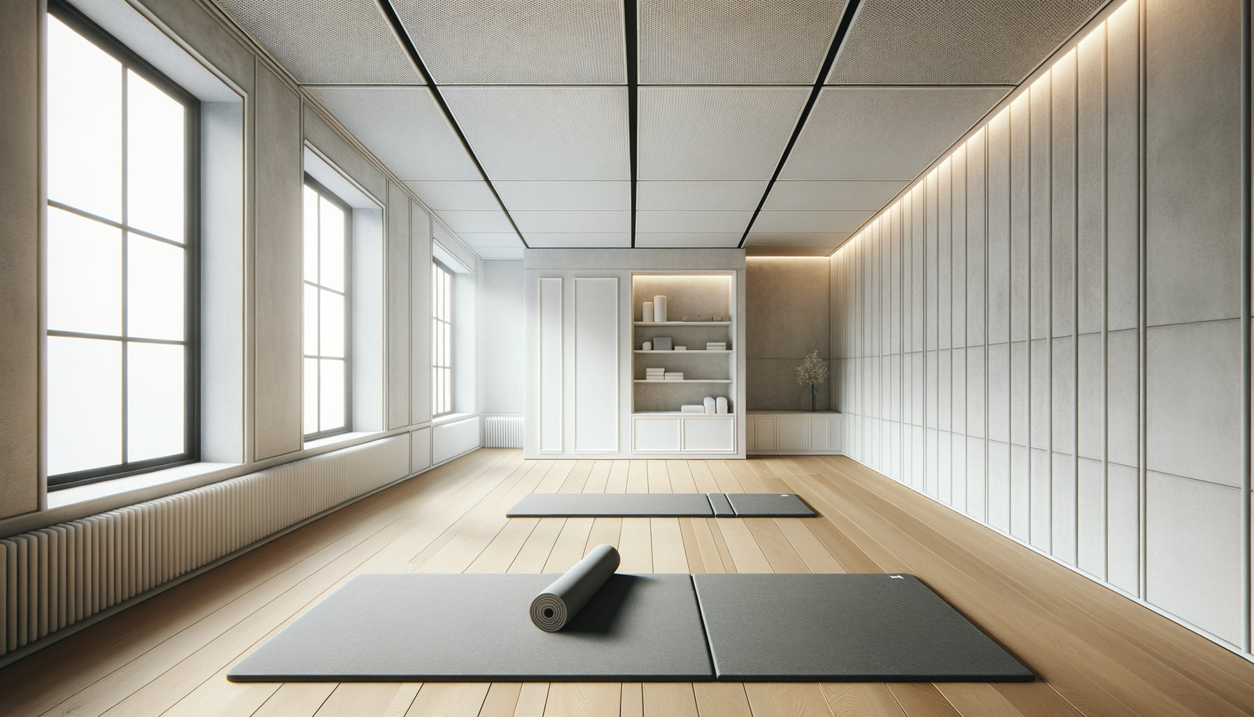 Studio de Pilates mat contemporain minimaliste avec murs blancs épurés et lumière naturelle douce