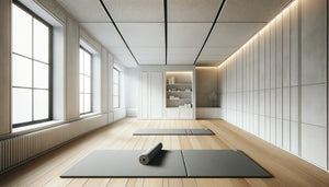 Studio de Pilates mat contemporain minimaliste avec murs blancs épurés et lumière naturelle douce