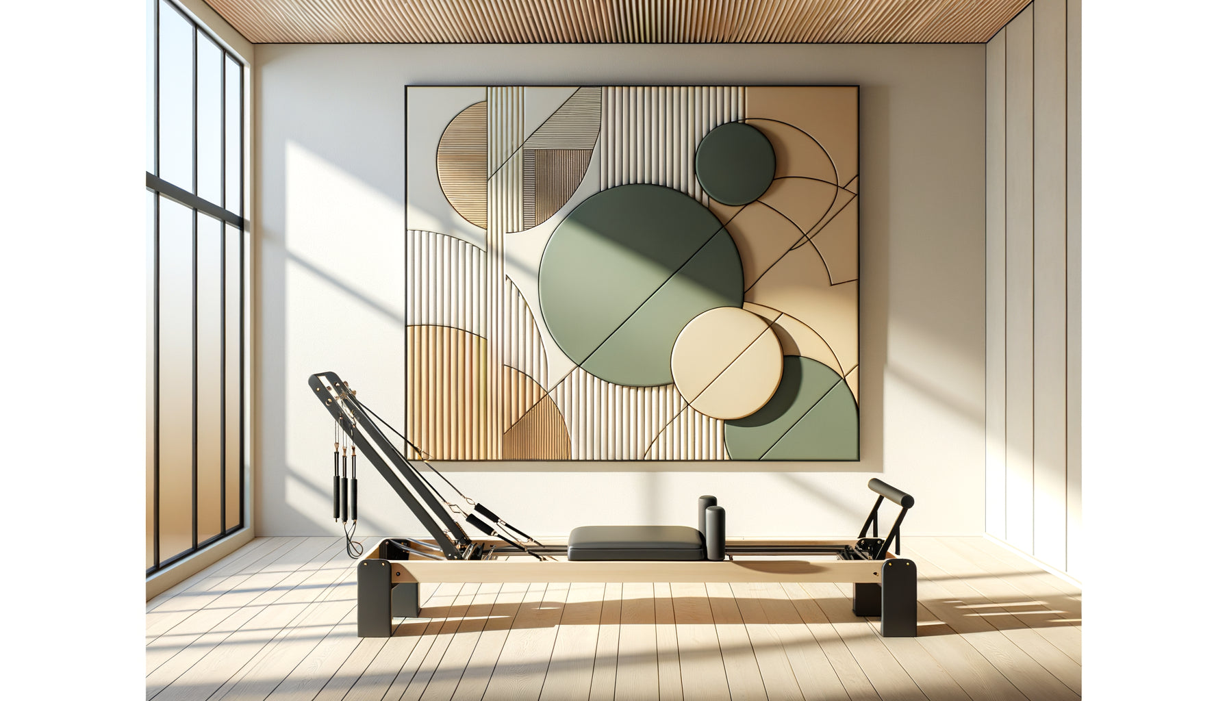 Studio de Pilates reformer contemporain avec œuvre géométrique abstraite minimaliste aux tons doux sur mur blanc