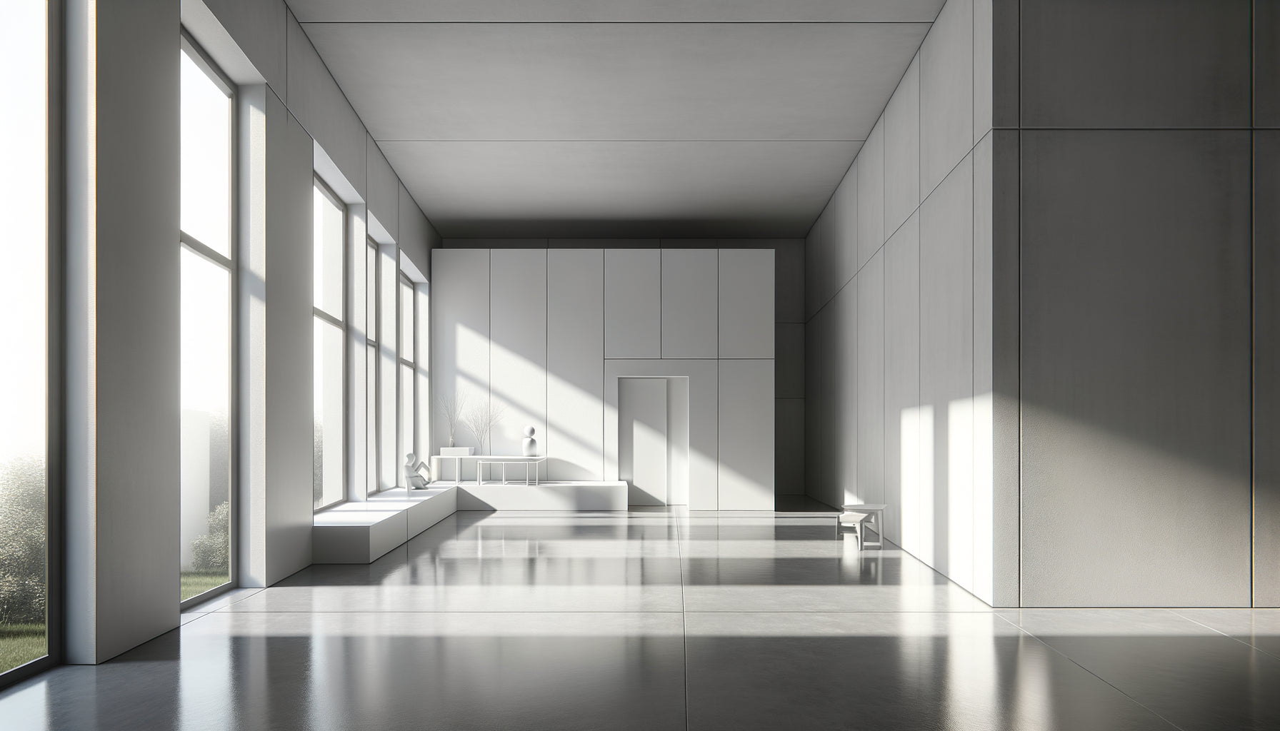 Intérieur de studio ultra-minimaliste contemporain aux murs blancs totalement vides, lumière naturelle, architecture épurée
