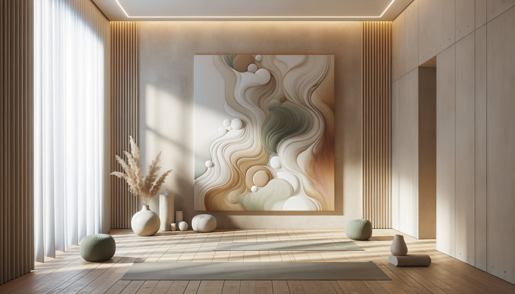 Studio de yoga moderne avec art abstrait aux formes organiques douces, tons neutres apaisants, esthétique universelle et inclusive