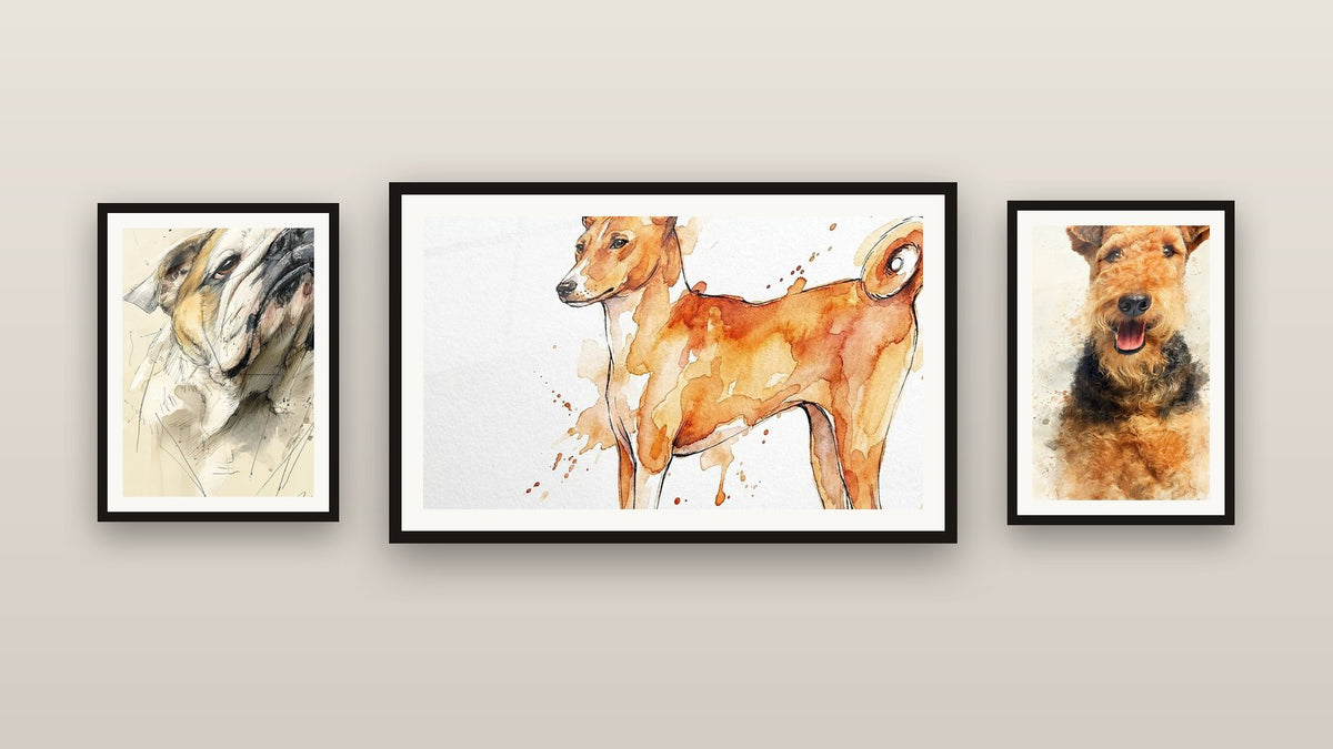 Mur de galerie avec trois tableaux encadrés, dont Chien Roux à l'Aquarelle