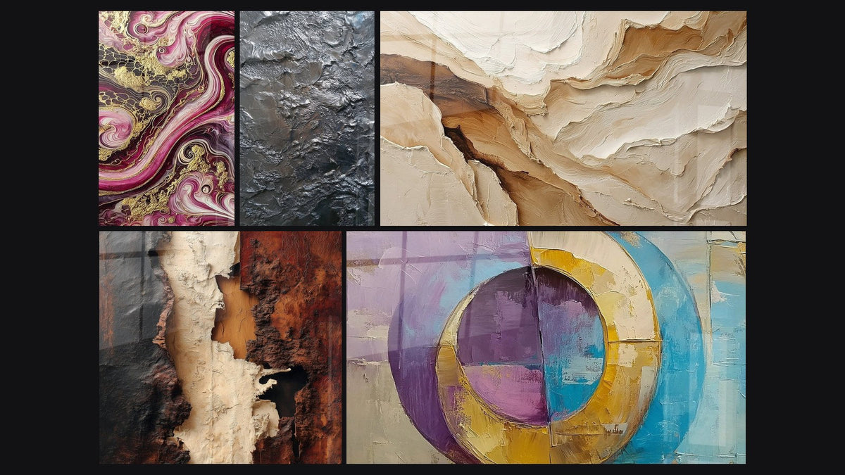 Mosaïque de cinq tableaux, dont Flammes Pourpres, Cercles concentriques colorés et Abstrait Beige et Terre
