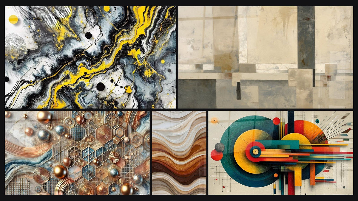Mosaico di cinque quadri, tra cui Impatto Nero, Composizione geometrica beige e grigio e Mosaico di Rame