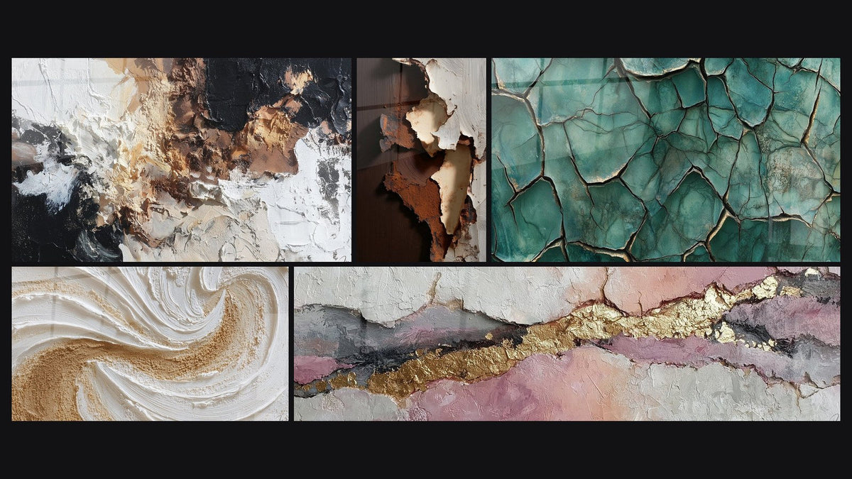 Mosaico de cinco cuadros, entre ellos Abstracto texturizado blanco negro bronce y Tierra Fracturada