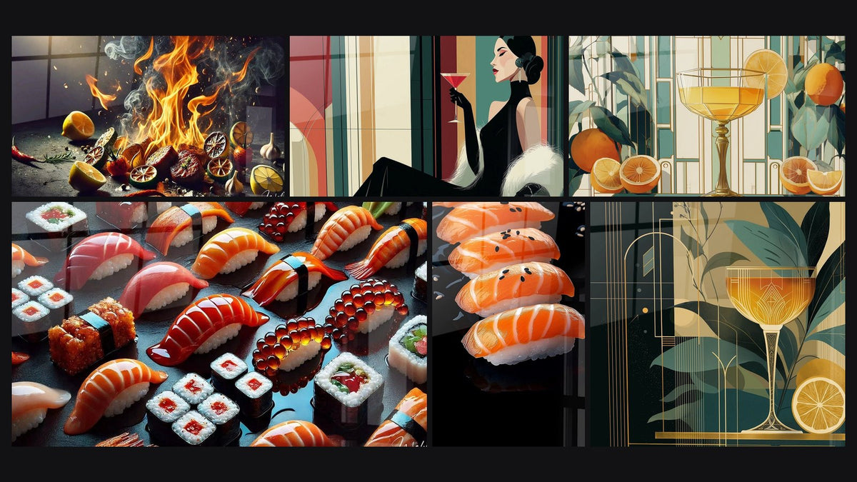 Mosaico di sei quadri, tra cui Aromi Infiammati, Art Sushi e Donna Art Déco Cocktail