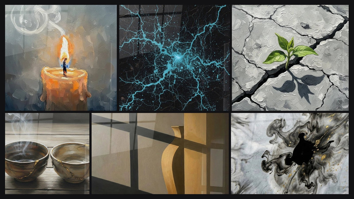 Mosaïque de six tableaux, dont Abstrait Turquoise et Noir Craquelé et Deux Bols Céramique Dorés sur Bois Ancien