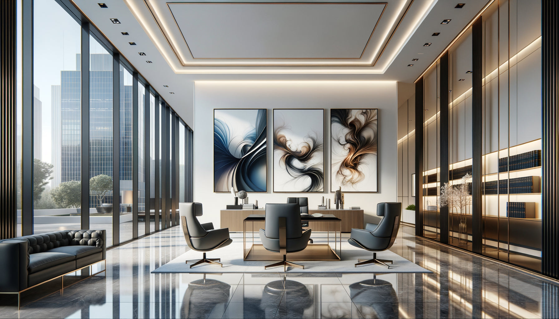 Intérieur de cabinet d'avocats avec trois styles artistiques : minimalisme géométrique, abstraction lyrique et photographie architecturale contemporaine