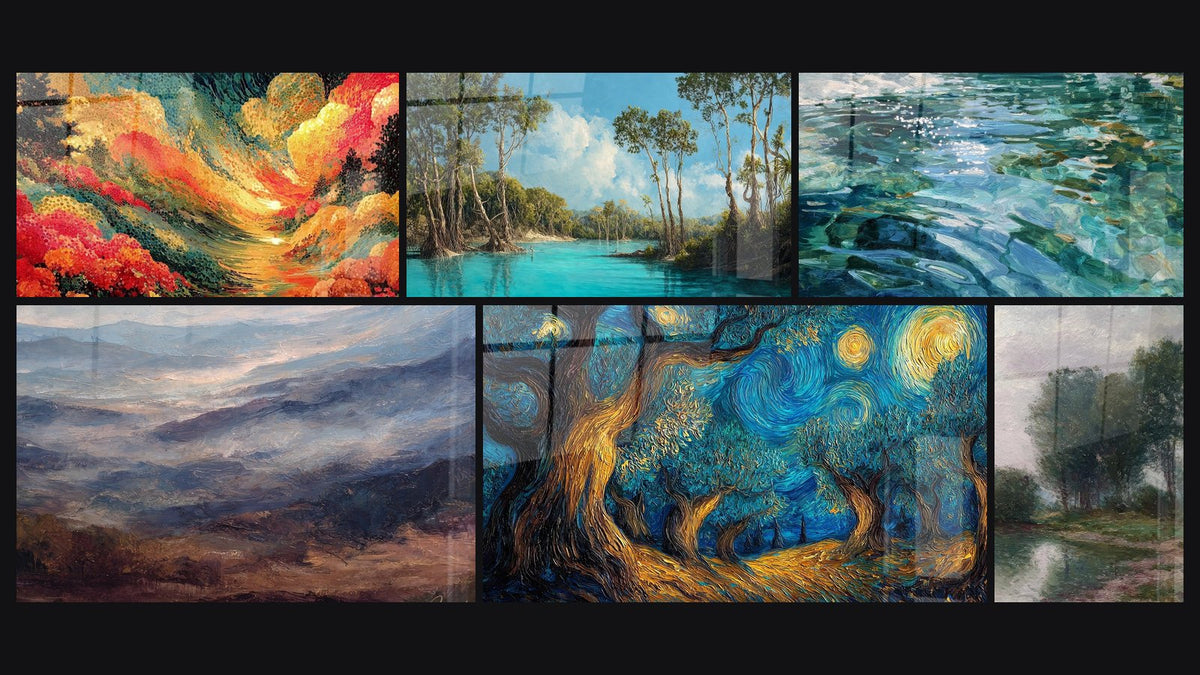 Mosaic of six paintings, including Natural Pixels Landscape, Mountain Valley and Tropical Lagoon
