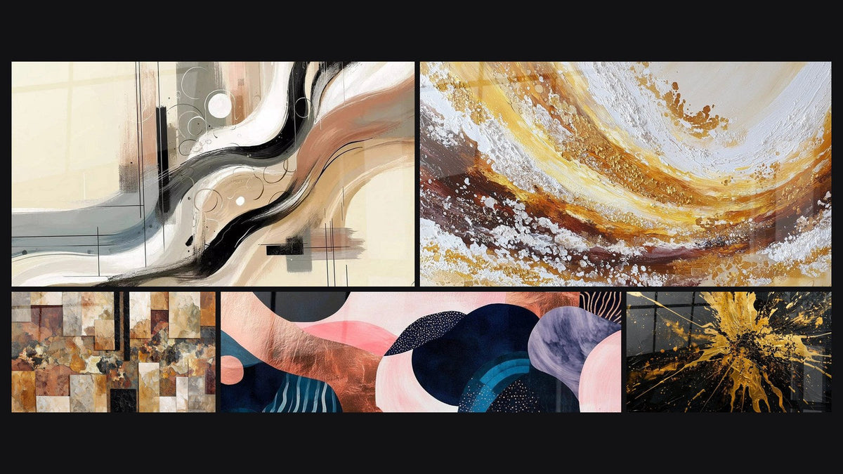 Mosaic of five paintings, including Sillage Abstract and Undulating Symbiosis Coral