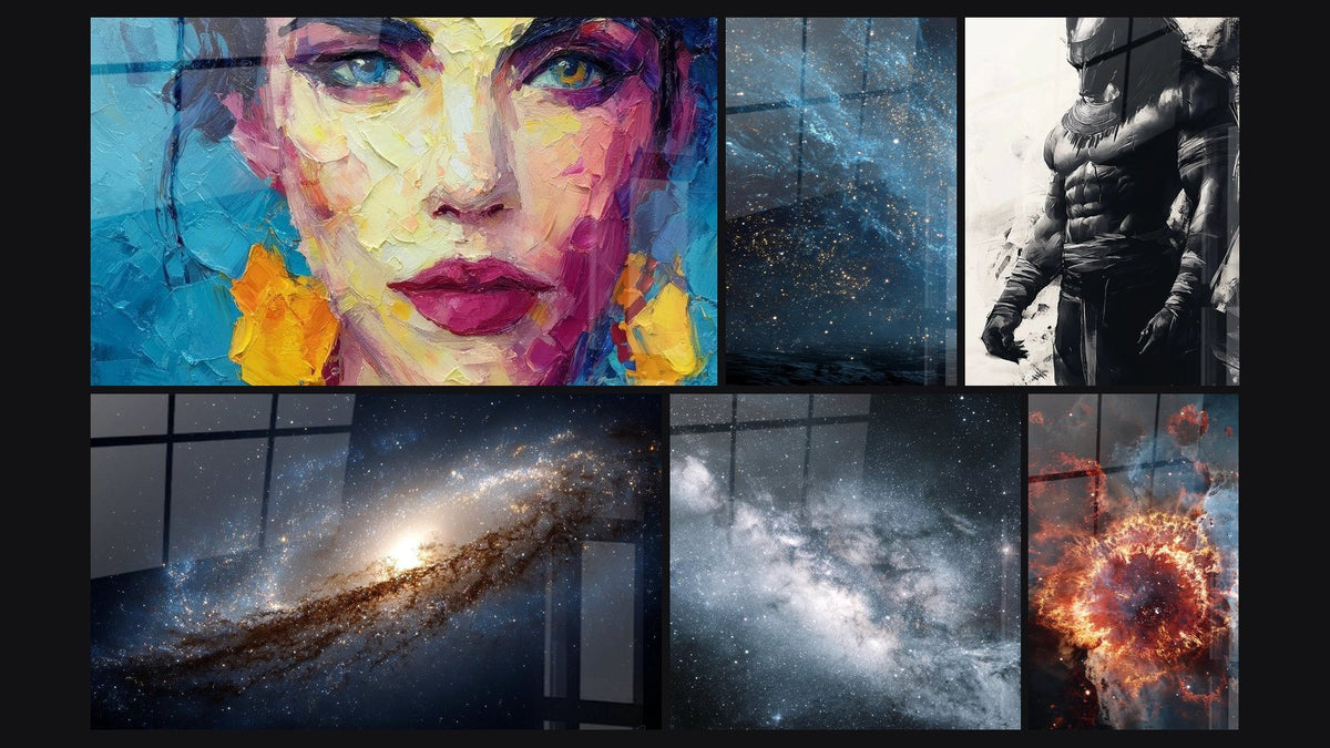 Mosaïque de six tableaux, dont Expressif, Galaxie Spirale et Voie Lactée