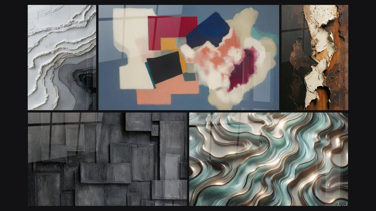 Mosaïque de cinq tableaux, dont Formes géométriques poésie carrée et Courbes Éthérées