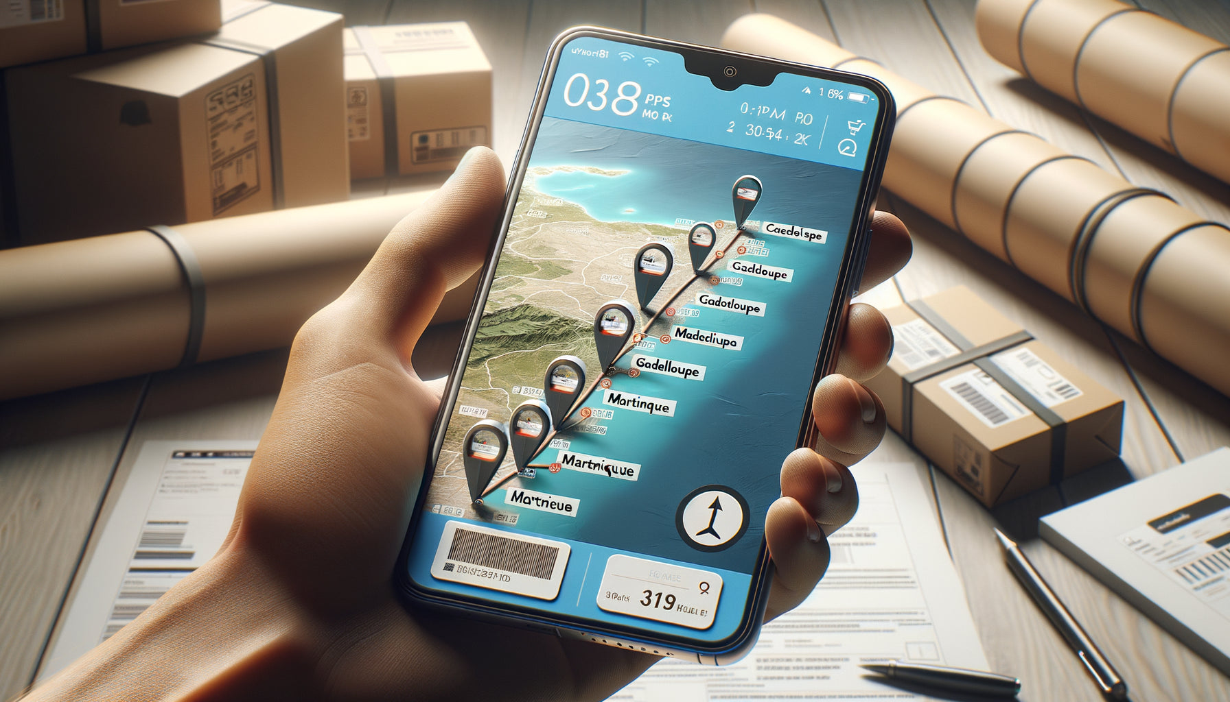 Écran de smartphone affichant le suivi en temps réel d'un colis tableau mural vers les DOM-TOM avec carte de traçage